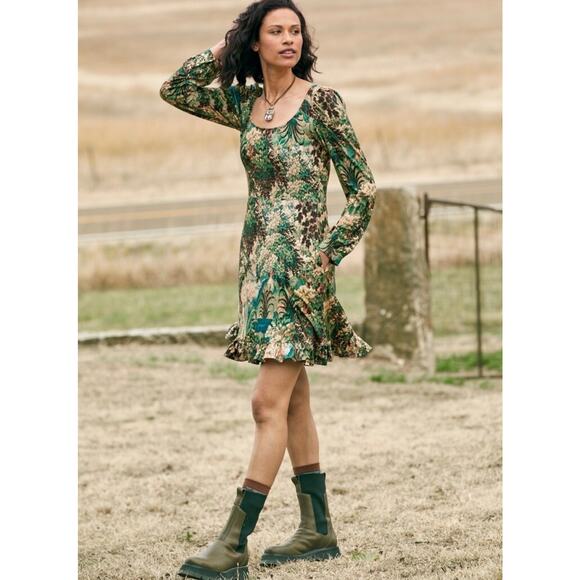 Peruvian Connection Pastorale Long Sleeve Foliage Green Dress Mini Small Pockets - Picture 1 of 9